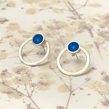 Load image into Gallery viewer, Silver and kingfisher blue enamel hoop stud earrings