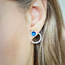 Load image into Gallery viewer, Silver and kingfisher blue enamel hoop stud earrings