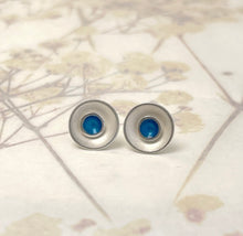 Load image into Gallery viewer, Silver and kingfisher blue enamel earrings.