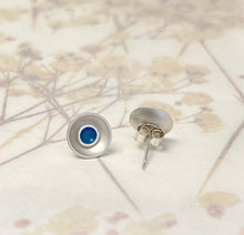 Load image into Gallery viewer, Silver and kingfisher blue enamel earrings.
