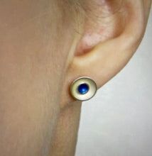 Load image into Gallery viewer, Silver and kingfisher blue enamel earrings.