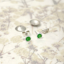 Load image into Gallery viewer, Silver and grass green enamel stud earrings.