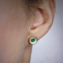 Load image into Gallery viewer, Silver and grass green enamel stud earrings.