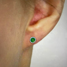 Load image into Gallery viewer, Silver and grass green enamel stud earrings.