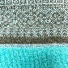 Load image into Gallery viewer, Tassel scarf. Fair Isle design, teal and moss green.