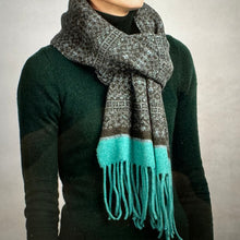 Load image into Gallery viewer, Tassel scarf. Fair Isle design, teal and moss green.