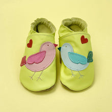 Load image into Gallery viewer, Baby Shoes - Pink and blue little chicks on lime.