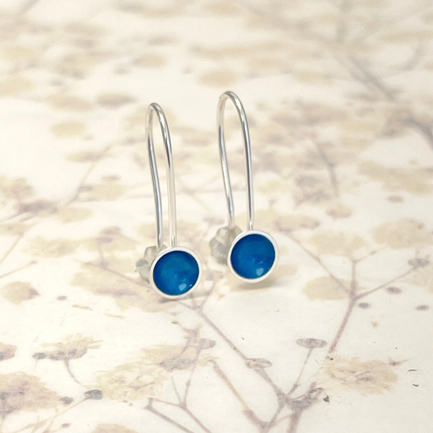 Silver and kingfisher blue enamel drop earrings