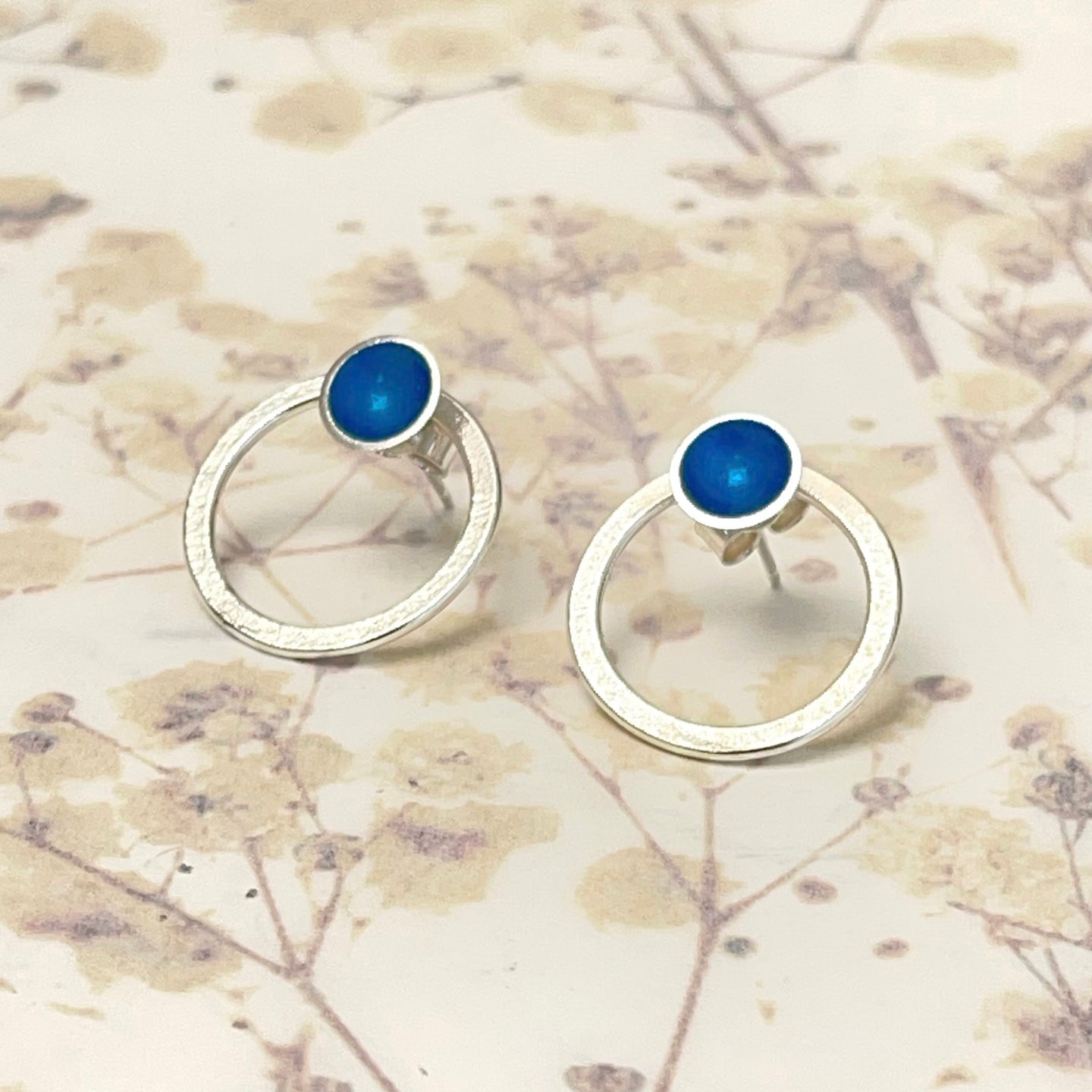 Silver and kingfisher blue enamel hoop stud earrings