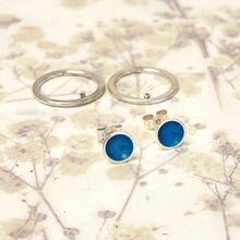 Load image into Gallery viewer, Silver and kingfisher blue enamel hoop stud earrings
