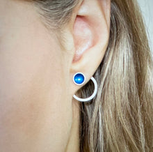 Load image into Gallery viewer, Silver and kingfisher blue enamel hoop stud earrings

