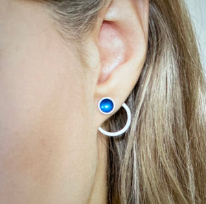 Silver and kingfisher blue enamel hoop stud earrings