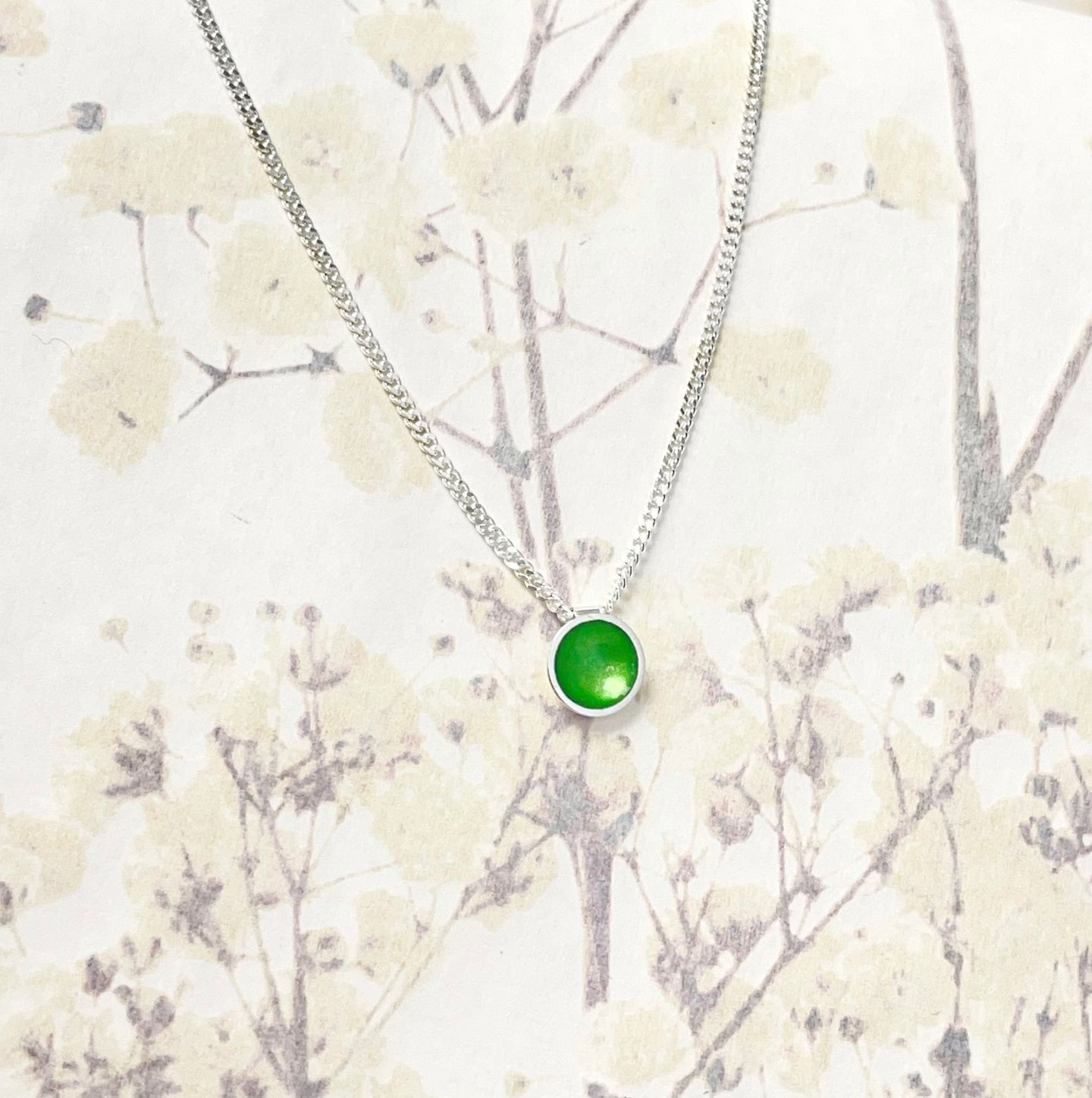 Tiny silver grass green enamel necklace