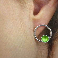 Load image into Gallery viewer, Silver and grass green stud earrings.
