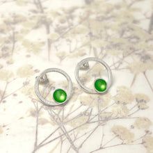 Load image into Gallery viewer, Silver and grass green stud earrings.
