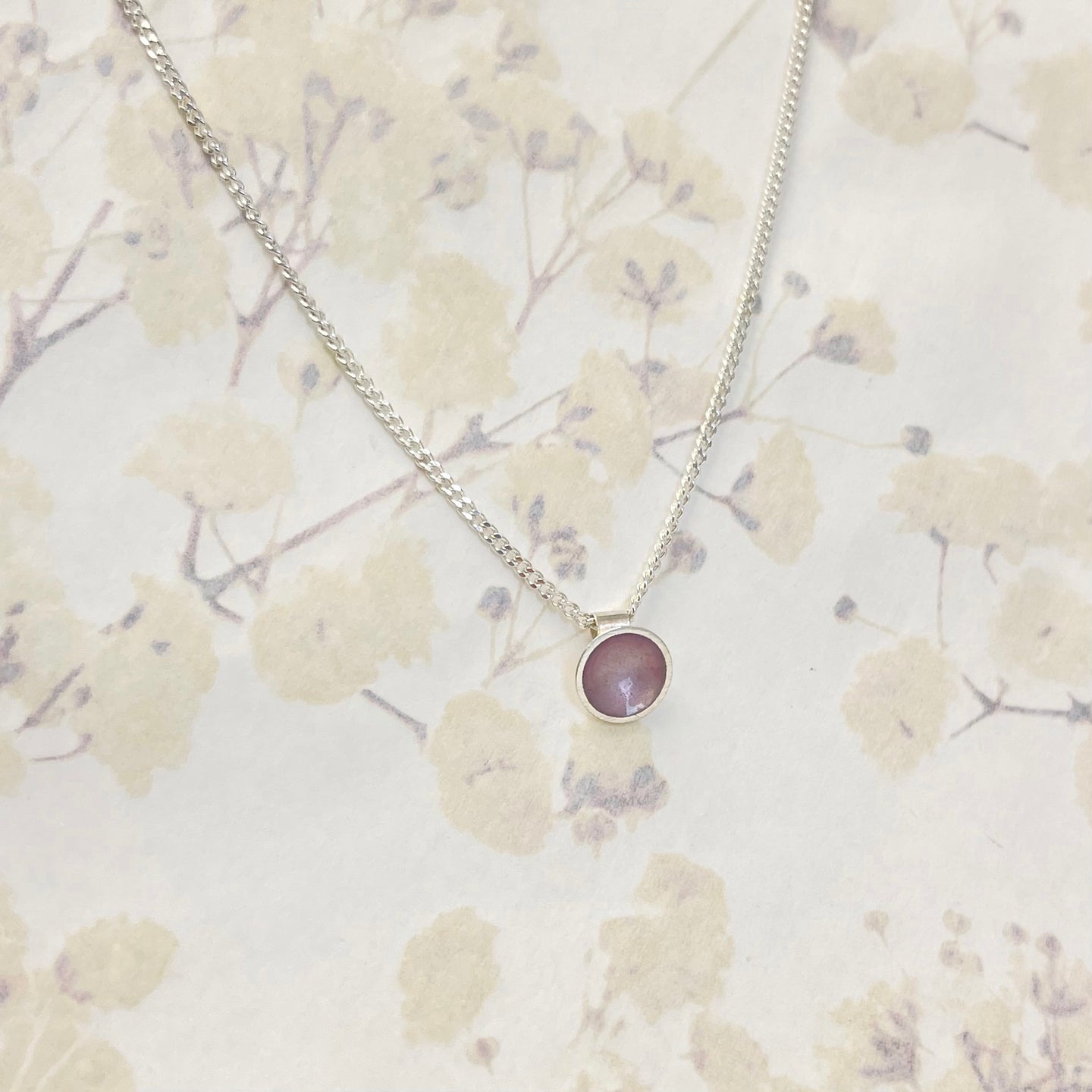 Tiny silver and pale pink enamel necklace