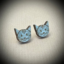 Load image into Gallery viewer, Wooden Earrings - blue cat
