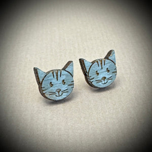 Wooden Earrings - blue cat