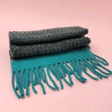 Load image into Gallery viewer, Tassel scarf. Fair Isle design, teal and moss green.
