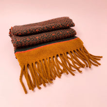 Load image into Gallery viewer, Tassel scarf. Fair Isle design, orange and dark brown.
