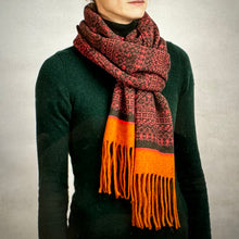 Load image into Gallery viewer, Tassel scarf. Fair Isle design, orange and dark brown.
