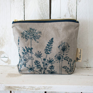 Large linen make up bag - natural wildflowers