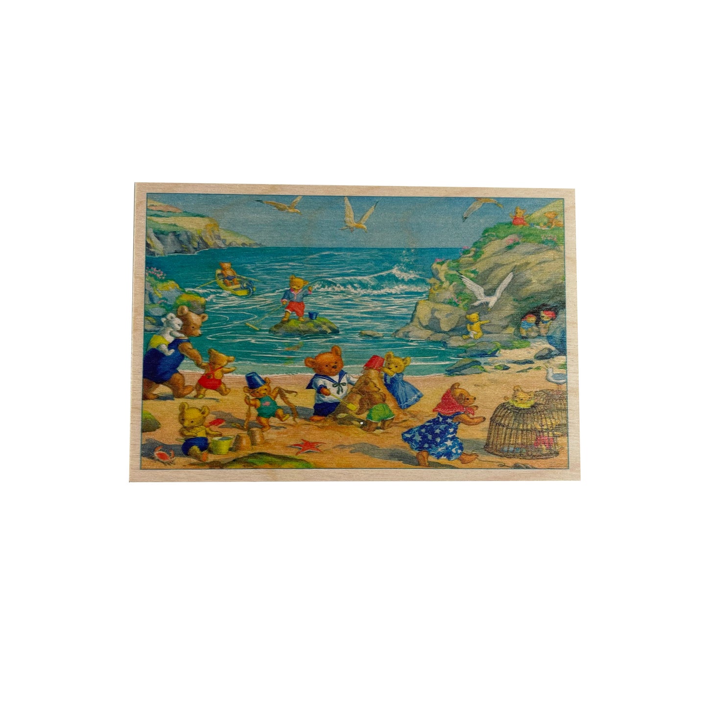 Wooden postcard - teddy at the beach