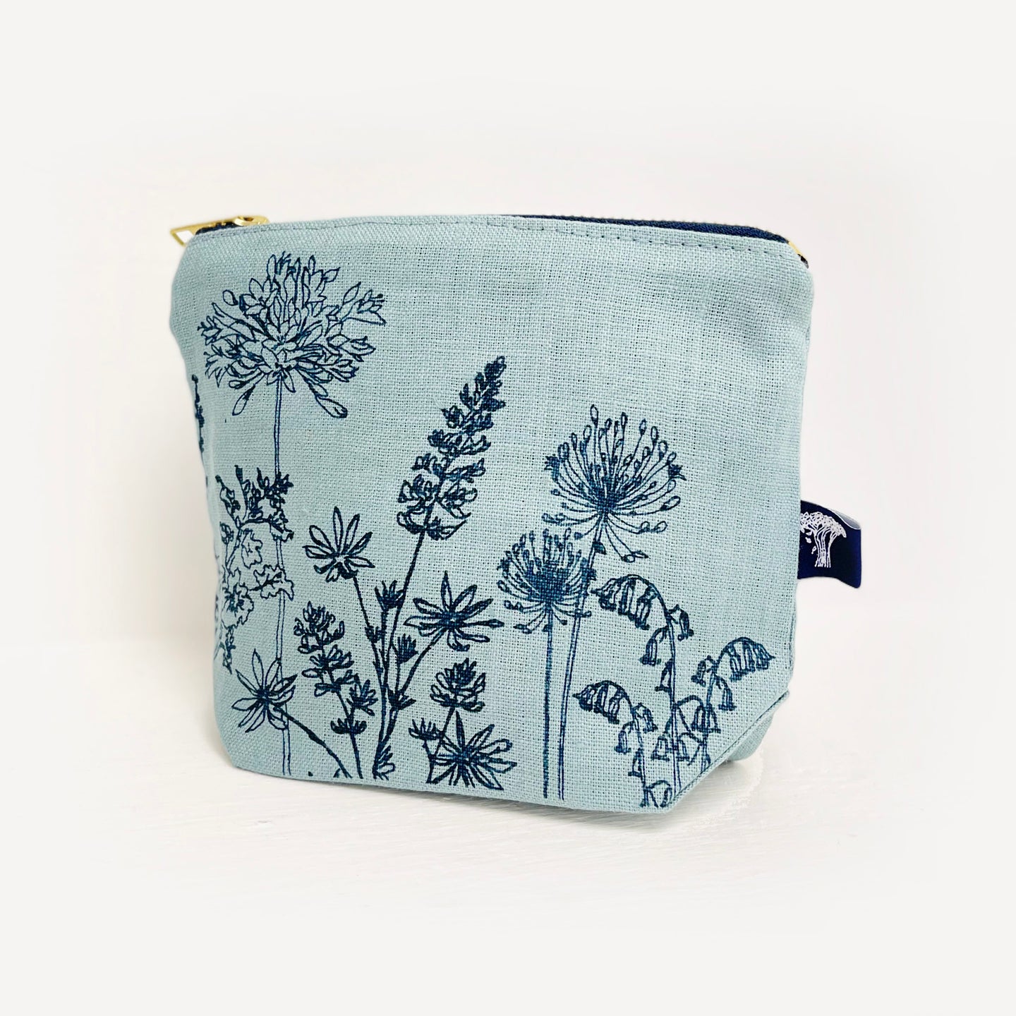 Small linen make up bag - blue wildflowers