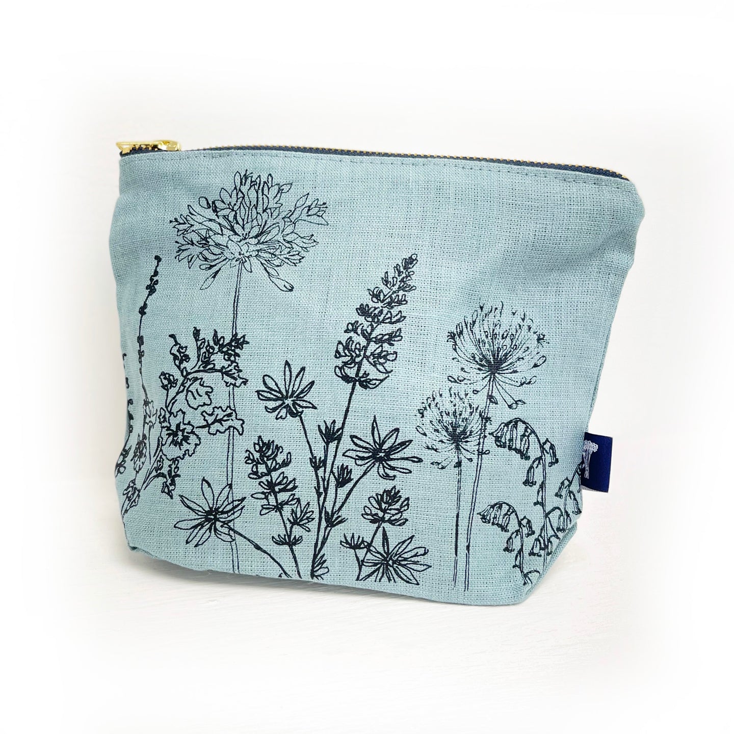 Large linen make up bag - blue wildflowers