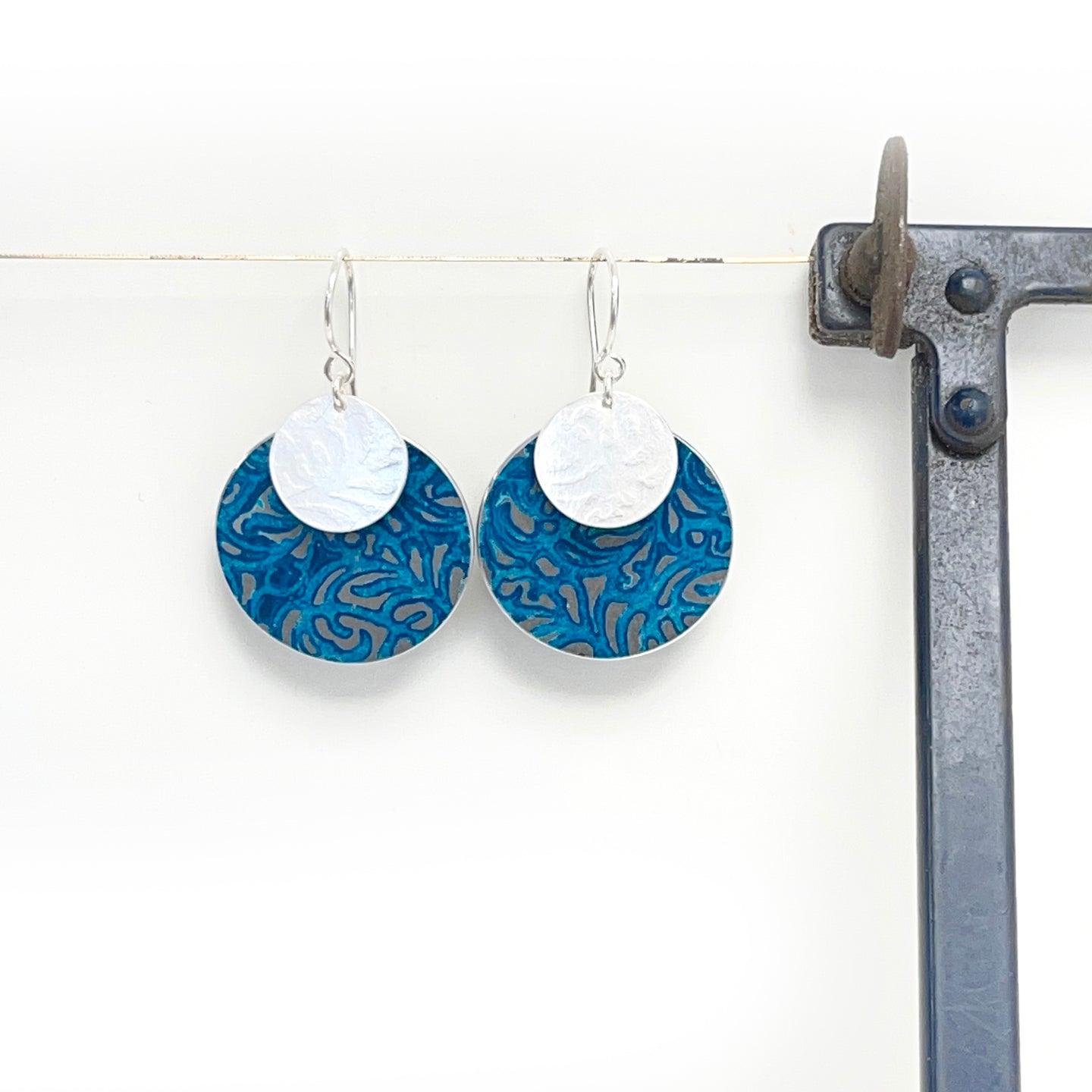 Aluminium and silver drop earrings - petrol blue disk