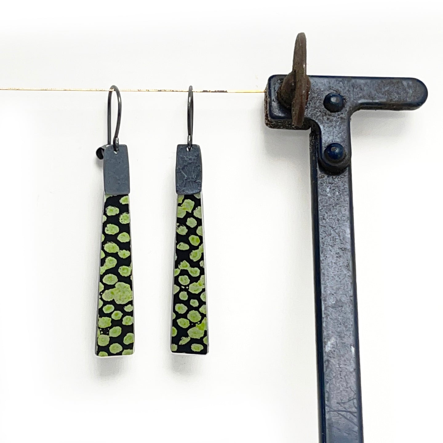 Aluminium and silver long drop earrings - lime green