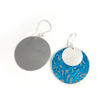 Load image into Gallery viewer, Aluminium and silver drop earrings - petrol blue disk
