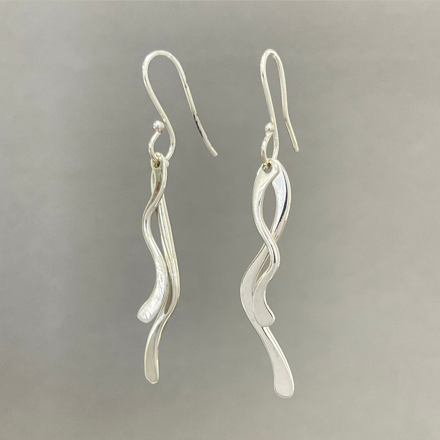 Silver long double wave earrings