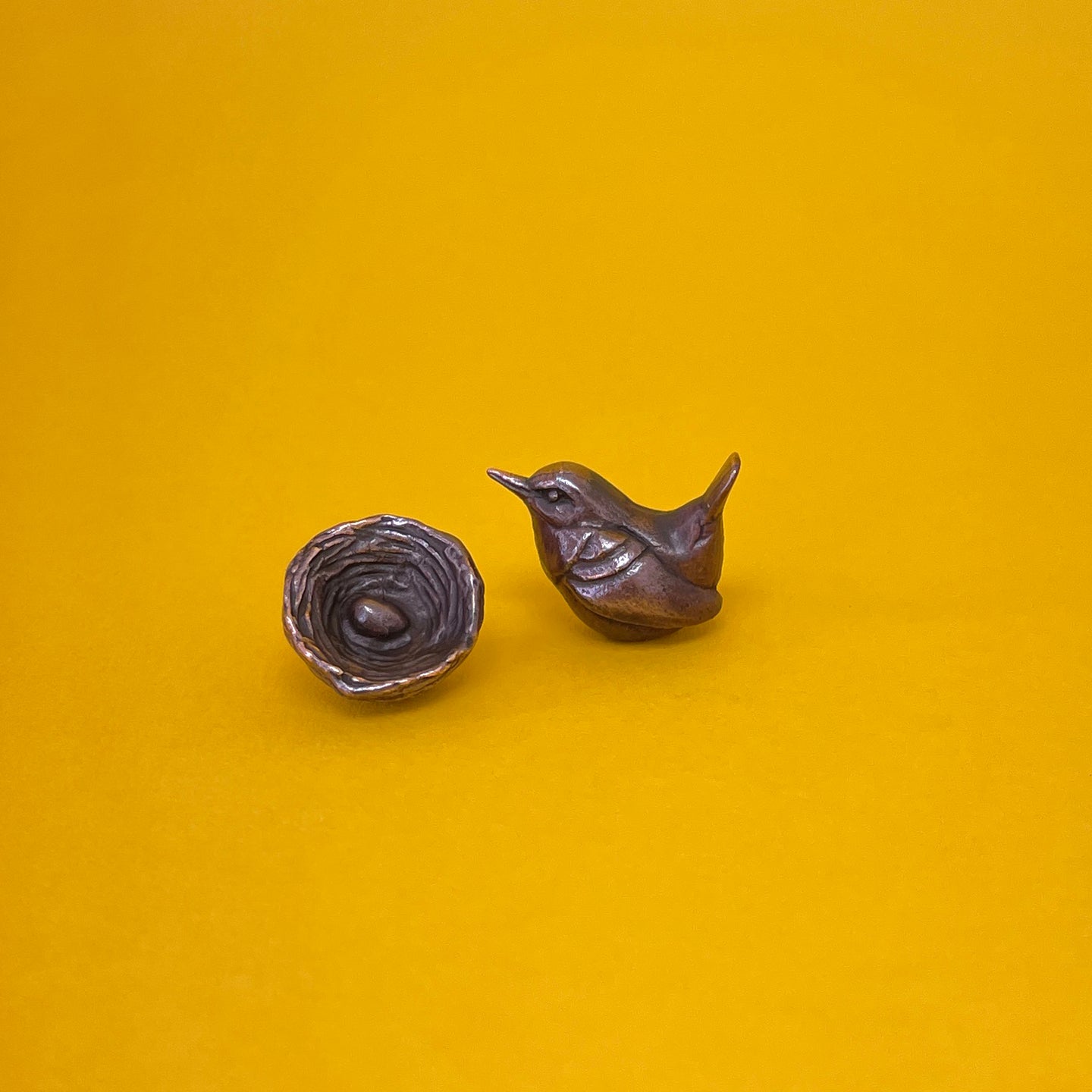 Wren on nest miniature bronze sculpture