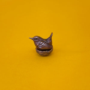 Wren on nest miniature bronze sculpture