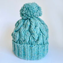 Load image into Gallery viewer, Classic cable pom pom hat - blue
