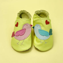 Load image into Gallery viewer, Baby Shoes - Pink and blue little chicks on lime.
