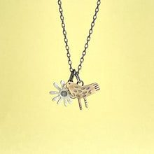 Load image into Gallery viewer, Bronze bird, silver flower pendant
