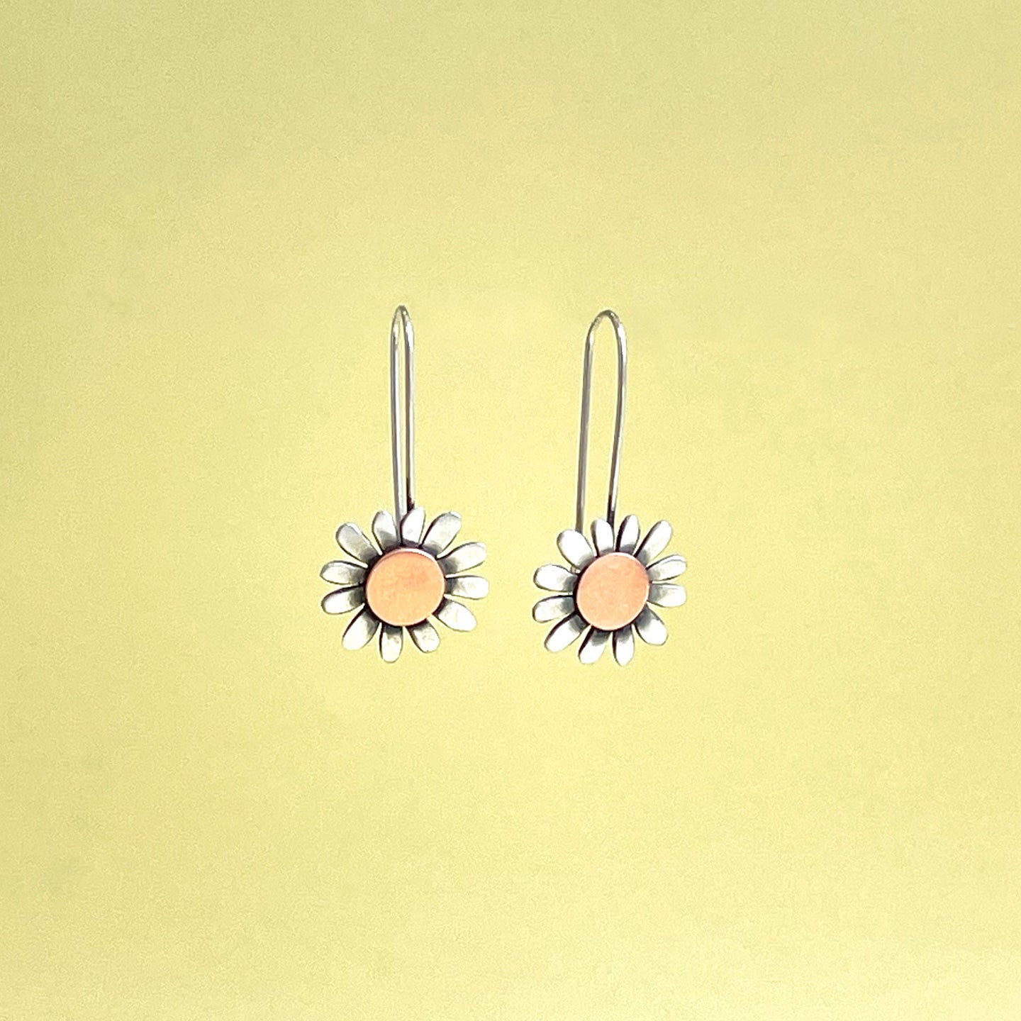 Silver and copper sunflower drop earrings