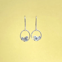 Load image into Gallery viewer, Silver bird in hoop drop earrings
