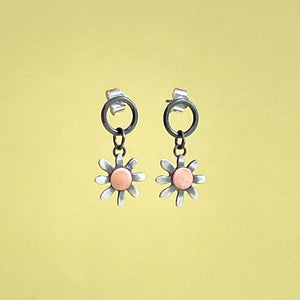 Silver sunflower stud/drop with copper detail.