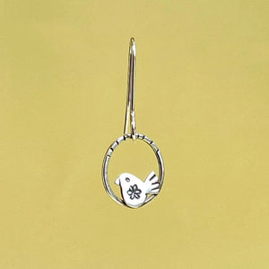 Silver bird in hoop drop earrings