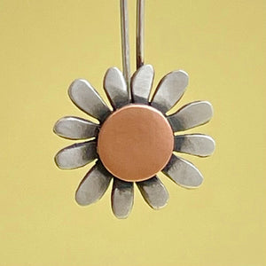 Silver and copper sunflower drop earrings