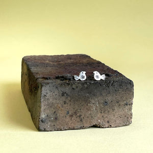 Bird with flower silver stud earrings