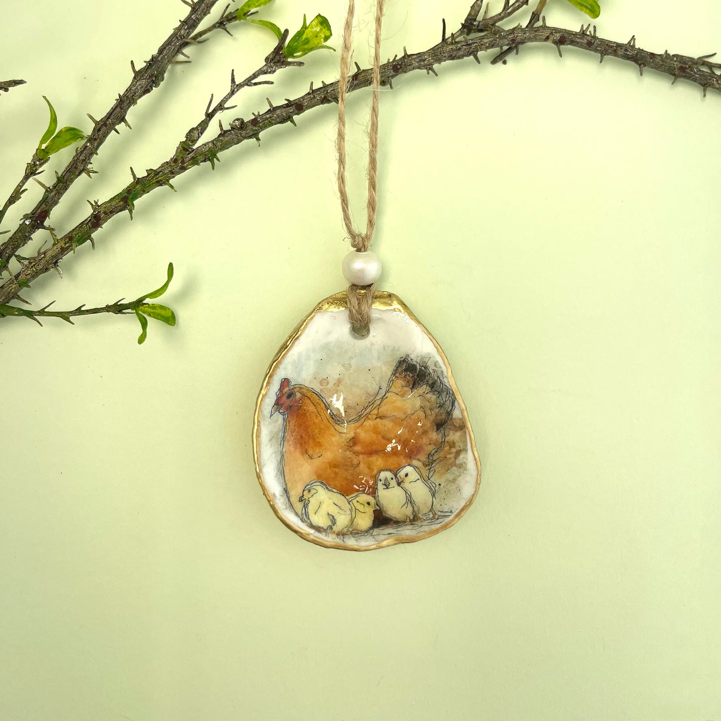 Oyster shell wall hanging - hen and chicks