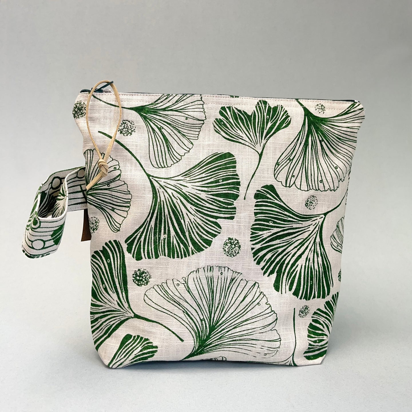 Large linen make up bag - green ginkgo