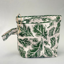 Load image into Gallery viewer, Large linen make up bag - green oak leaves
