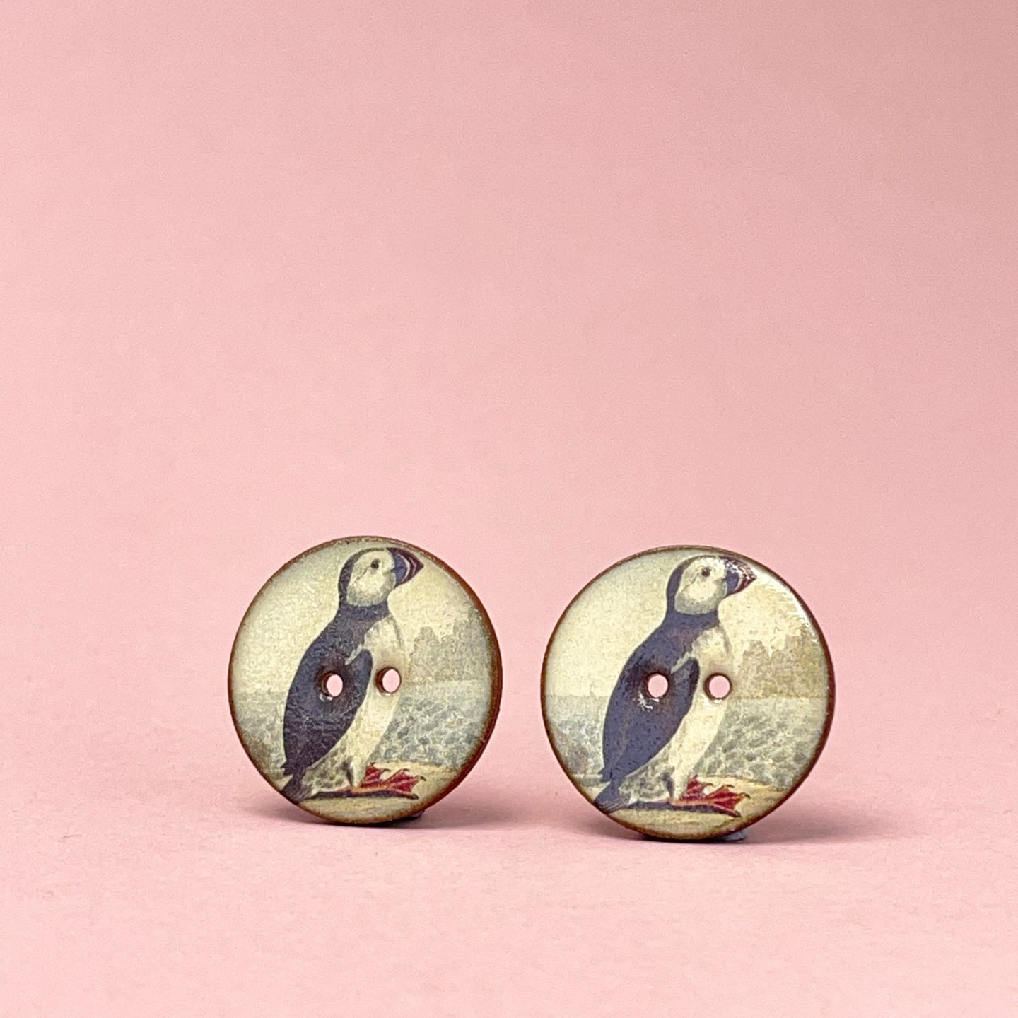 Porcelain button pair - puffin