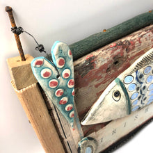 Load image into Gallery viewer, Ceramic fish on wooden wall plaque
