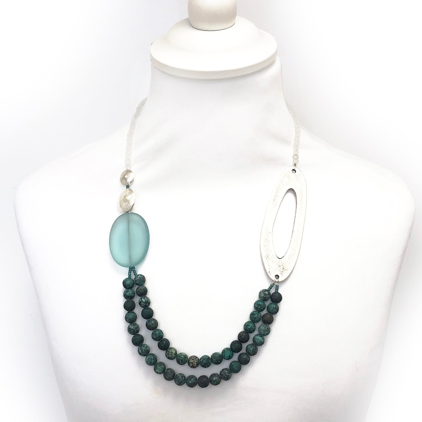 Turquoise, aqua frosted glass and antiqued metal necklace